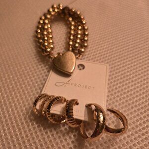 Multi-strand gold bead bracelet with heart charm & 3 pairs gold hoops,new